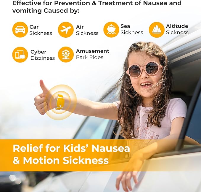 EmeTerm Explore for Kids FDA-Cleared Anti-Nausea Wristband IP68 Waterproof Morning Motion Sickness Relief Band Rechargeable Classic Strap Design Drug Free Non-drowsy Without Side Effects Sunny Yellow