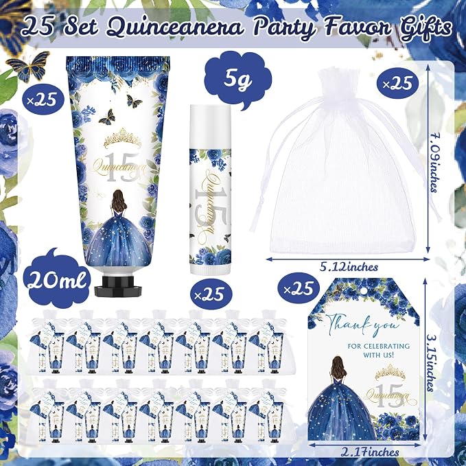 Leelosp 25 Set/100 Pcs Quinceanera Party Favor for Guest with Travel Size Hand Cream, Lip Balm, Card, Organza Bags Quinceanera Gift Set Sweet 15th Party Supply Birthday Souvenir(Blue)