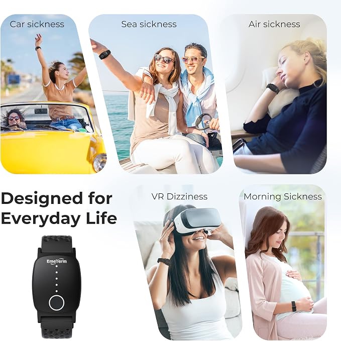 EmeTerm Explore Active FDA-Cleared Anti-Nausea Wristband Nickel-free 5m Dive Ready Motion Sickness Relief Band Non-drowsy Drug-Free Rechargeable Fluoroelastomer Strap for Salt-water Resistance (Black)