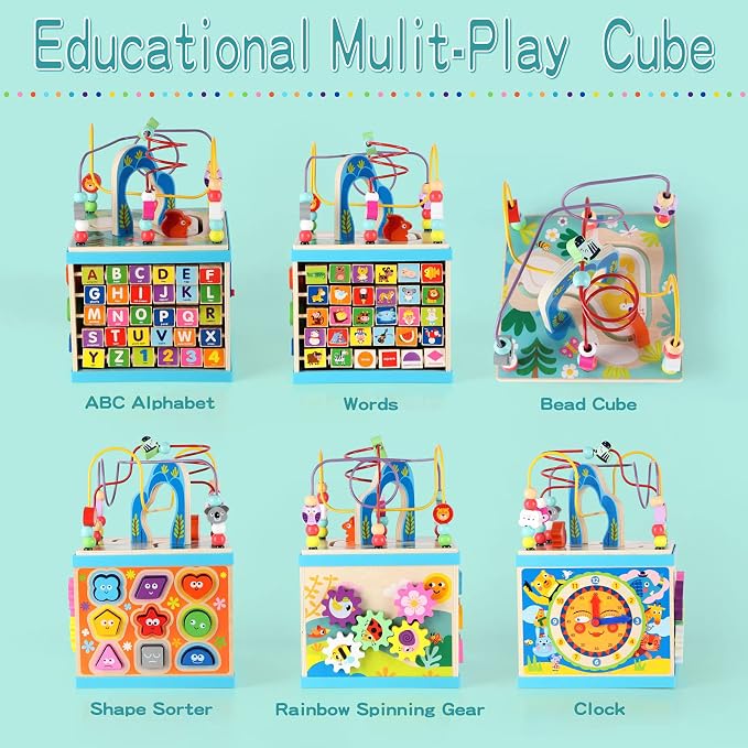 Qilay 5-in-1 Wooden Activity Cube for Toddlers 1-3(Large),Multipurpose Toddler Activity Center with Bead Maze & Shape Sorter, Early Educational Toy First Birthday Present for Boys Girls