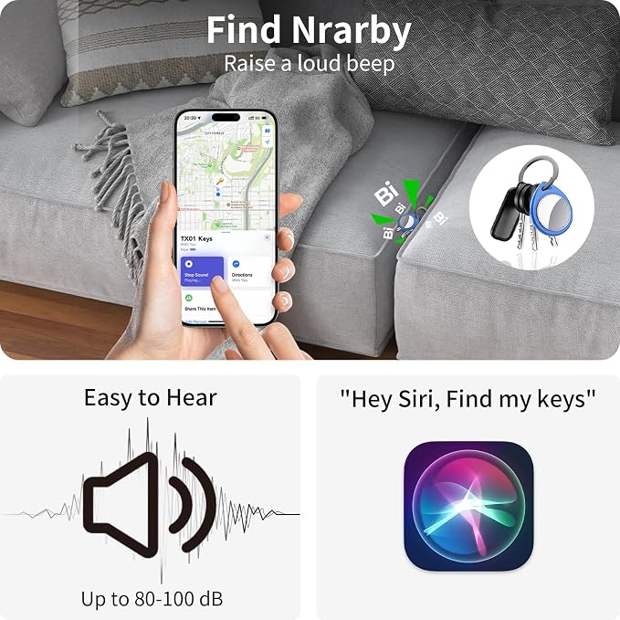Air Tracker Tags-4 Pack Blue, 5.3 Bluetooth Tracker Work with Apple Find My (iOS Only), 100dB Sound, Smart Tag with Keychain/Lanyard, Item Finder for Luggage/Key/Suitcase, Replaceable Battery.