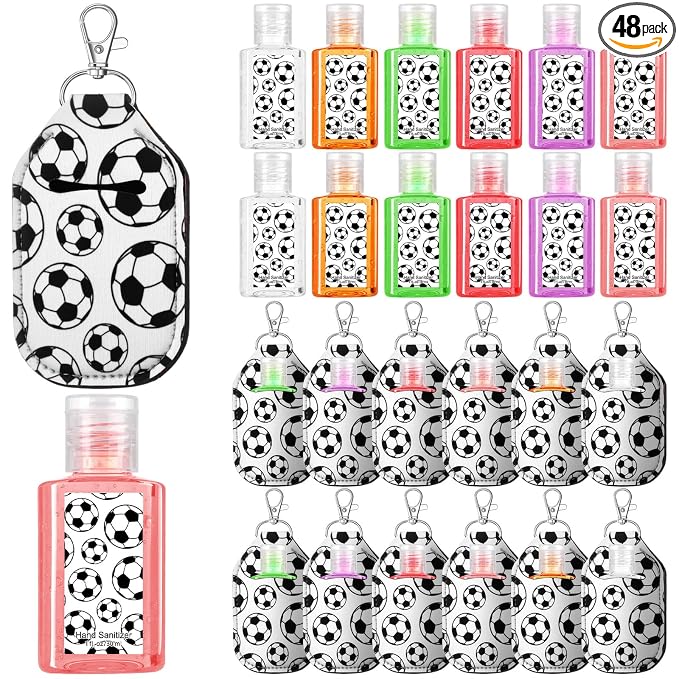 Frienda 48 Pack Soccer Party Favors Set 24 Pcs Mini Hand Sanitizers and 24 Pcs Keychain Holders Travel Size Sanitizers for Sports Soccer Party Supplies for Team Players Coaches Fans Gifts