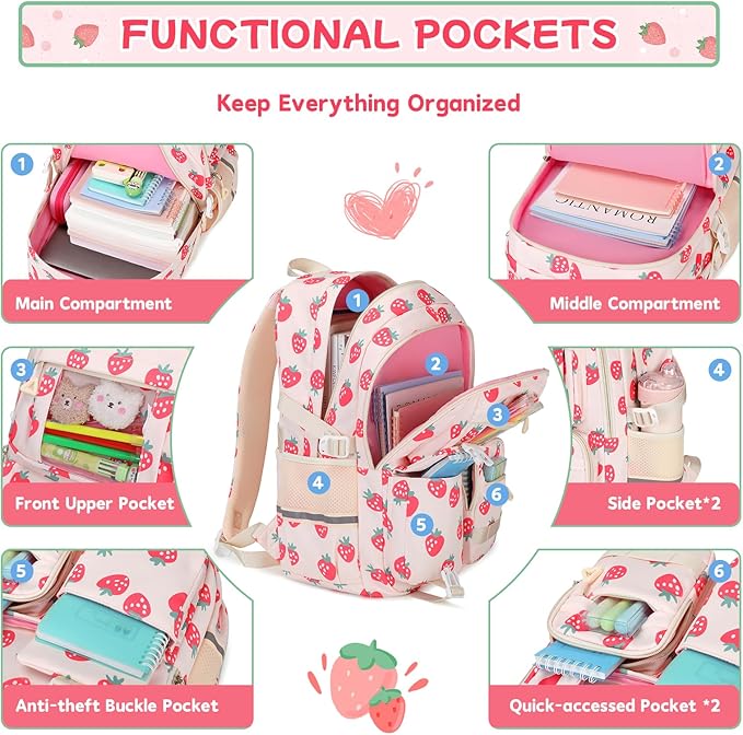PIG PIG GIRL Backpack for Girls 3pcs Set Kids Backpack with Lunch Box Students Kawaii Book Bag for Elementary Primary Middle School Bags - Ita Backpack - Strawberry