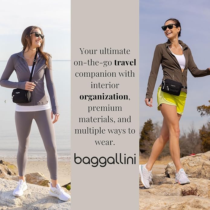 Baggallini Triple Zip Small Crossbody Bag for Women - Lightweight Convertible Fanny Pack Belt Bag