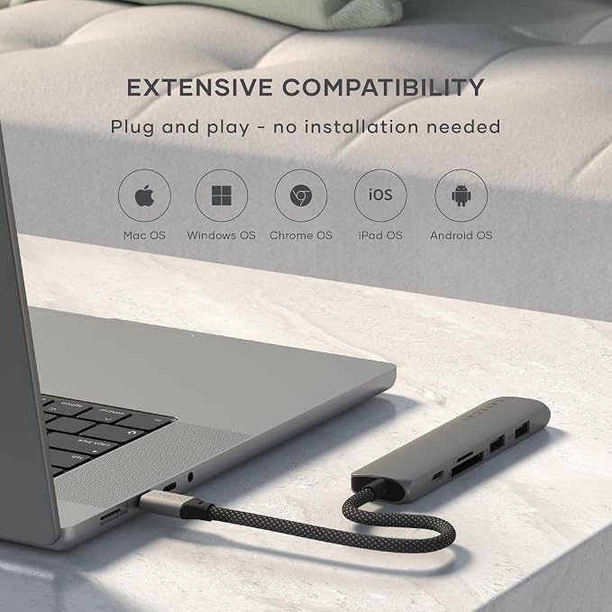 Satechi 6 in 1 USB C Hub Multiport Adapter with HDMI 4K@60Hz, 100W PD Charging, 2X USB-A Data Ports, Micro/SD Card Readers for MacBook Air/Pro/Neo, iPad Air/Pro, Windows – Space Gray