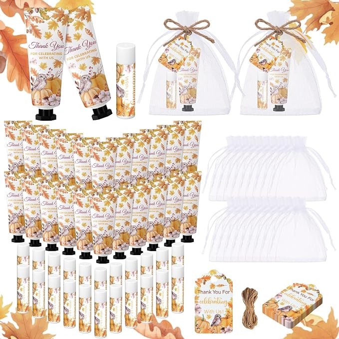 48 Sets 192 Pcs Thanksgiving Pumpkin Hand Cream and Lip Balm Fall Party Favors Gifts for Guests Pumpkin Bridal Baby Shower Wedding Party Favor with Thank You Card Organza Bags Travel Size