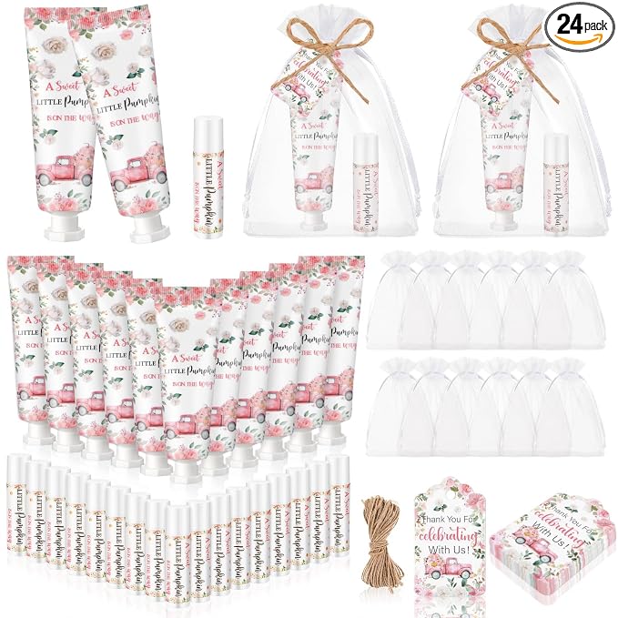 24 Sets Sweet Little Pumpkin Baby Shower Hand Cream and Lip Balm Gift a Sweet Little Pumpkin Is on the Way Baby Shower Party Favors Pink Floral Truck Travel Size Hand Lotion and Lip Balm for Guests