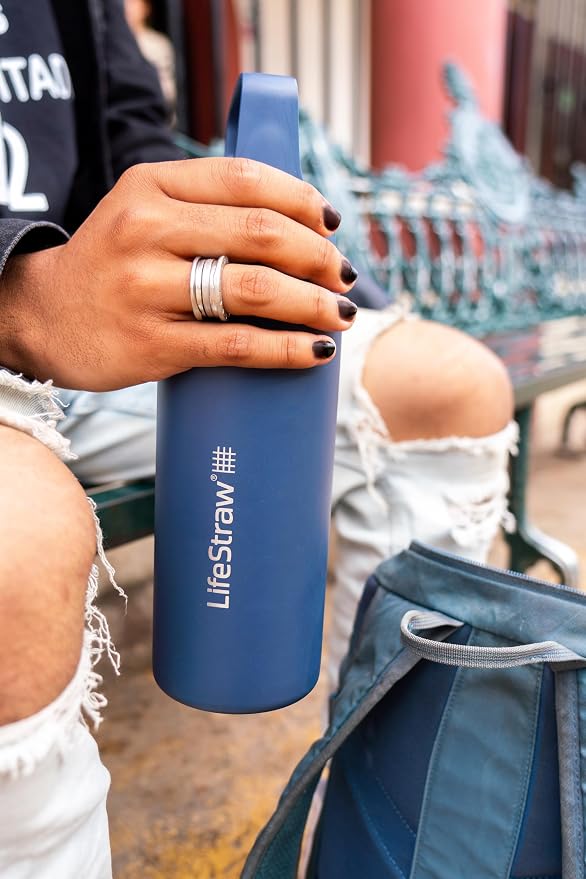 LifeStraw Go Series — Insulated Stainless Steel Water Filter Bottle for Travel and Everyday Use Removes Bacteria, Parasites and Microplastics, Improves Taste, 24 oz, Thistle Purple