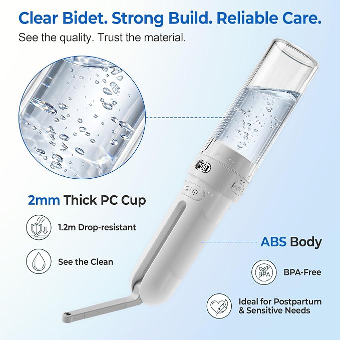 Electric Portable Bidet for Travel, Rechargeable for Women Postpartum, Period & Hygiene | 3 Pressure Modes, 260 Uses/Charge, IPX7 Waterproof, Foldable & Compact, Standard Bottle Fit, USB-C Charging, White