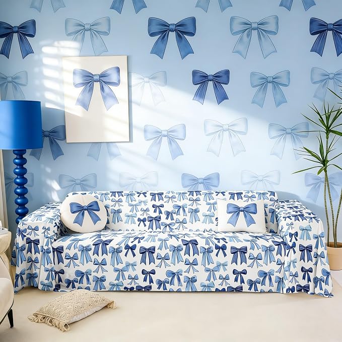 Blue Bow Sofa Slipcover Kawaii Princess Bow Tie Non Slip Fuzzy Pet Couch Covers for Sofa,Dreamy Bowknot Watercolor Geometric Bow-Tie Sofa Cover Furniture Protector Couch,91"x150" Cute Aesthetic Kawaii