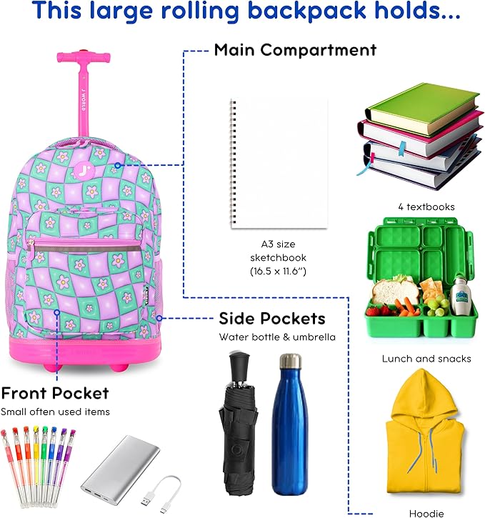 J World Sunrise Kids Rolling Backpack for Girls Boys. Roller Bookbag With Wheels For School, Puffy Flower