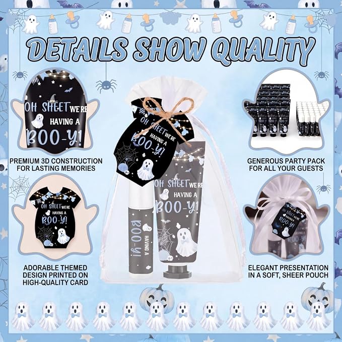 Batiyeer 25 Sets/100 Pcs Halloween Baby Shower Favors Oh Sheet We're Having a Boo-y Travel Size Hand Cream and Lip Balm Sets for Pregnancy Celebration Gender Reveal Party Supplies
