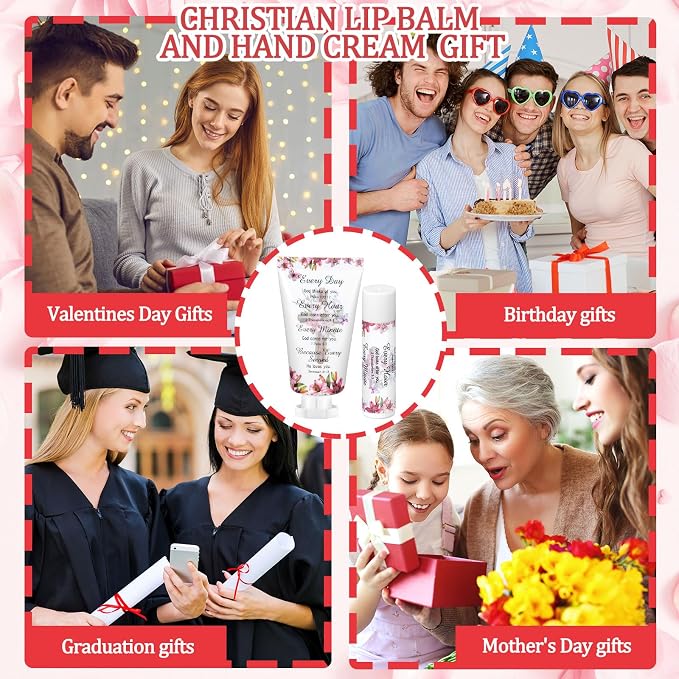 24 Sets Christian Graduation Gifts Hand Cream and Lip Balm Bulk Teacher Appreciation Gifts Bible Verse Thank You Cards with Organza Bag for Graduation Supplies(Stylish)