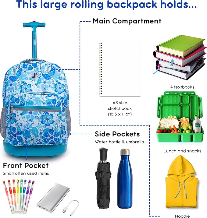 J World Sunrise Kids Rolling Backpack for Girls Boys. Roller Bookbag With Wheels For School, Blue Vine