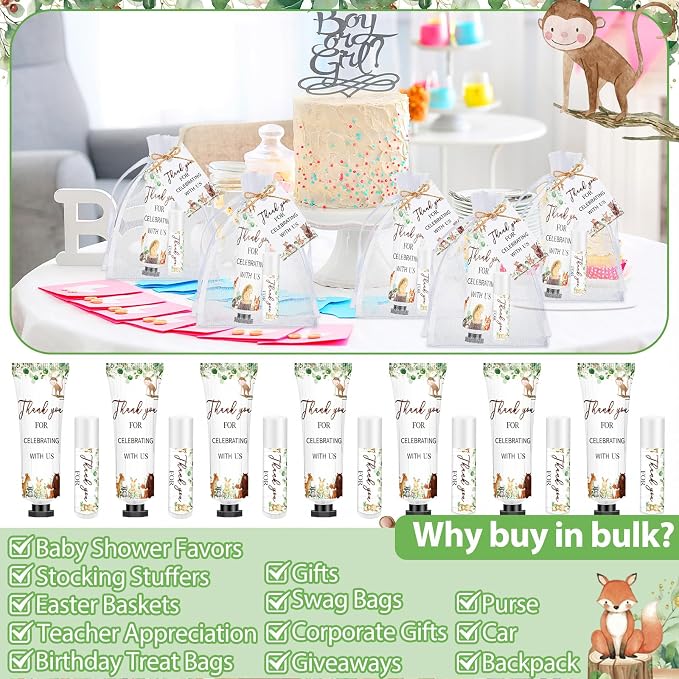 50 Sets Woodland Animal 200 Pcs Baby Shower Hand Lotion and Lip Balm Gift Theme Baby Shower Party Favors Travel Size Hand Lotion and Lip Balm Bulk with Organza Bags Tags