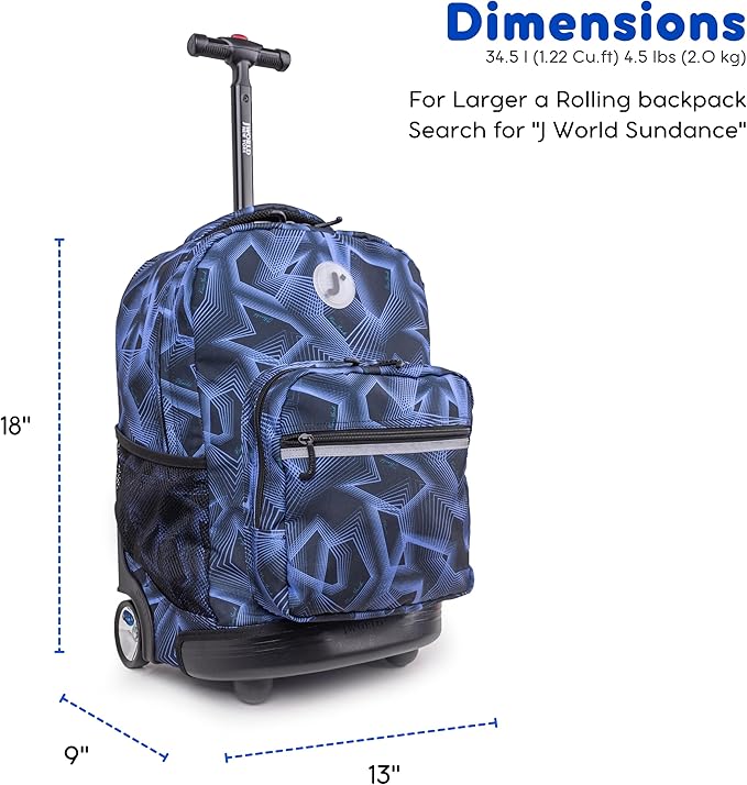 J World Sunrise Kids Rolling Backpack for Girls Boys. Roller Bookbag With Wheels For School, Disco