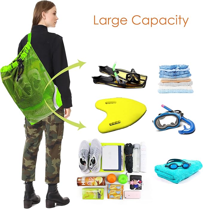 BeeGreen Mesh Drawstring Bag Swim Backpack for Beach Pool Sports Gym Draw String Cinch Bags for Swimming Soccer Basketball Gear Light Green