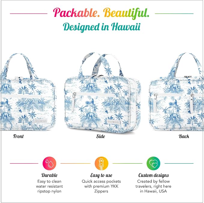 Eco Sun Hanging Travel Toiletry Bag — Designed in Hawaii — Water-resistant Travel Organizer for Bathroom Accessories (Baby Blue Safari)