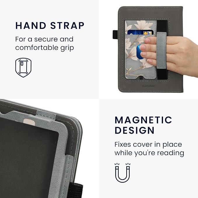 kwmobile Case Compatible with Amazon Kindle Paperwhite (2024)/Colorsoft - Case PU Leather Cover with Magnet Closure, Stand, Strap, Card Slot - Magnolias Taupe/White/Blue Grey