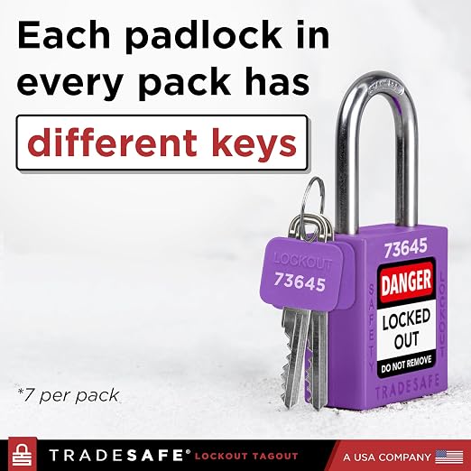 TRADESAFE Lockout Tagout Locks Set - 7 Purple Loto Locks, Lockout Locks Keyed Different, 2 Keys Per Lock, OSHA Compliant Lock Out Tag Out Padlocks, Safety Padlocks for Electrical Lockout Tag Out Kits