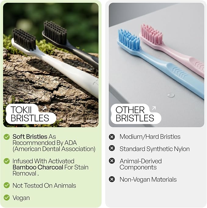 Tokii Tongue Scraper & Tongue Cleaner for Adults, 2-in-1 Toothbrush with Sliding Tongue Scraper, Charcoal Ultra Soft Bristles, Ayurvedic-Inspired, Includes Travel Toothbrush, Stand & Waterproof Pouch