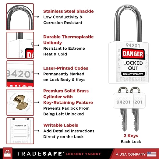 TRADESAFE Lockout Tagout Locks Set - 10 White Loto Locks, Keyed Different Lock Out Tag Out Padlocks, 2 Keys Per Lock, OSHA Compliant Lockout Locks