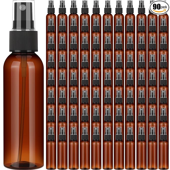 Nuogo 90 Pack 4 Oz Plastic Mini Spray Bottles Reusable Travel Size Perfume Refillable Mist Sprayer Empty Bottle for Essential Oil(Amber)
