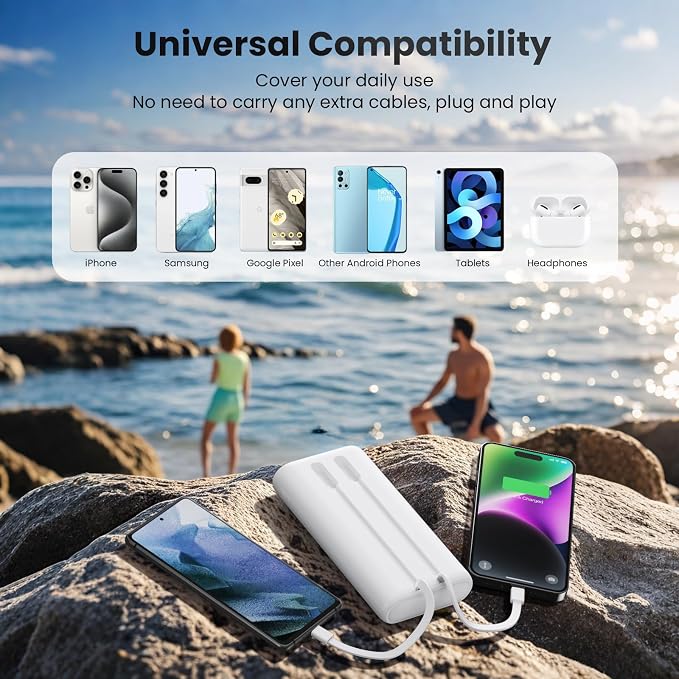Portable Charger 40,800mAh Power Bank 25W Portable Battery Pack with 2 Built in Cables [2026 Upgraded], PD QC4.0 Fast Charging Portable Phone Charger Compatible with iPhone 17/16,Android Samsung-White