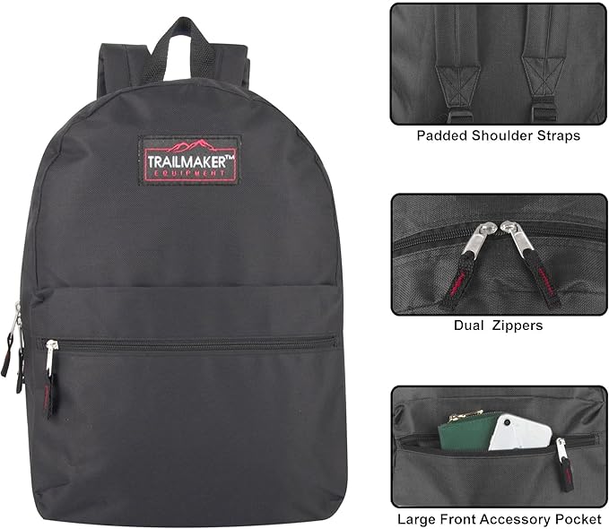 Trail maker Classic 17 inch Backpacks with Adjustable Padded Straps | School Backpacks for Girls, Boys (Black)