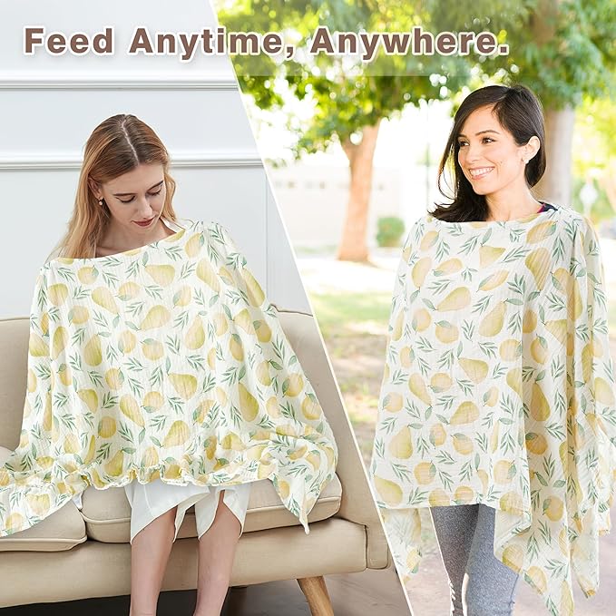 Muslin Nursing Cover for Breastfeeding – 360° Full Privacy & Comfort, Soft Breathable Cotton, Multi-Use Cover for Baby Car Seat & Stroller, Gift Box Included (Lemon-Pear Blossom)