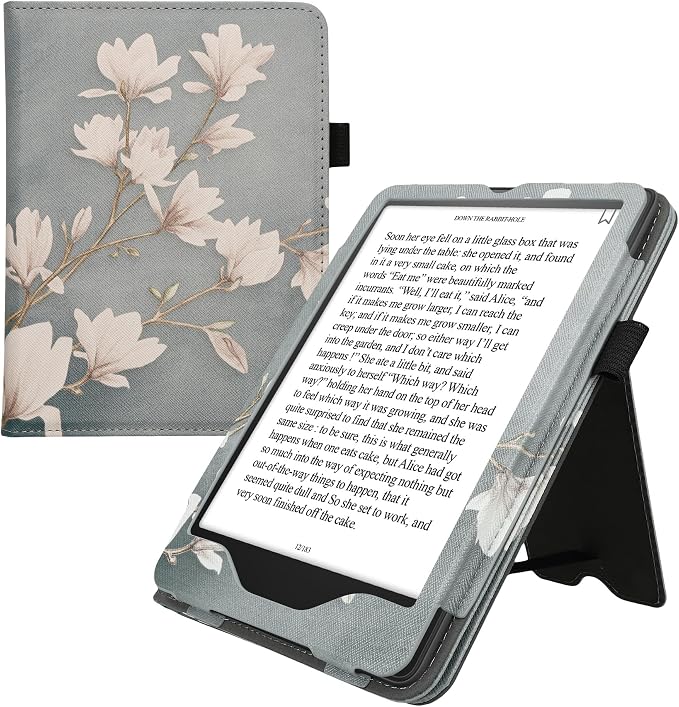 kwmobile Case Compatible with Amazon Kindle Paperwhite (2024)/Colorsoft - Case PU Leather Cover with Magnet Closure, Stand, Strap, Card Slot - Magnolias Taupe/White/Blue Grey