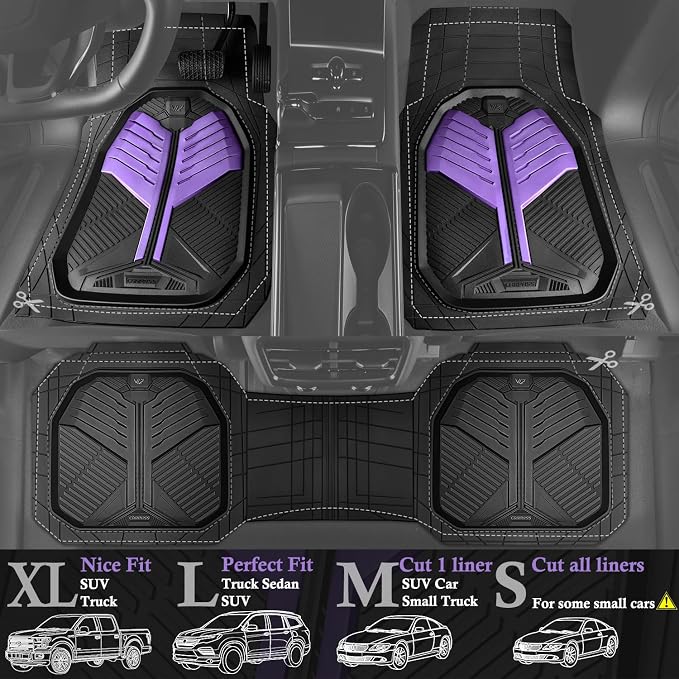 CAR PASS Heavy Duty Rubber Car Mats, Deep-Dish Car Floor Mats All Weather, Universal Two-Tone Trim-to-Fit for SUVs Trucks Sedans, Waterproof Anti-Slip, 3 Pieces V12 Black and Metallic Purple