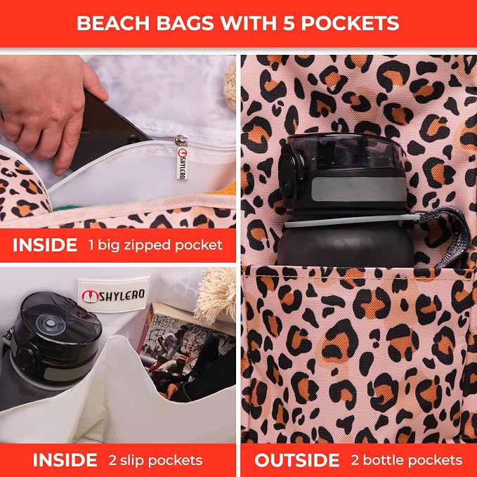 Beach Bag and Pool Bag Has Cooler Pocket, 7 Pockets Total, Zip Top. Family Size Waterproof Beach Tote
