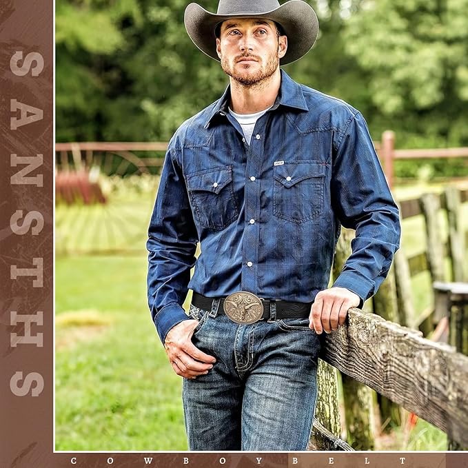 SANSTHS Western Cowboy Belts for Men Women, Mens Western Belt Bull Buckle Country Belt Cowboy Leather Belt for Jeans