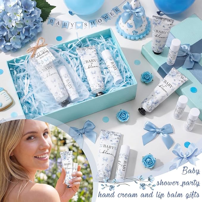 24 Sets Baby in Bloom Hand Cream and Lip Balm Gift Blue Bow Floral Baby Shower Party Favors for Guest Travel Size Hand Lotion and Lip Balm Bulk Babys Shower Birthday Party Supplies