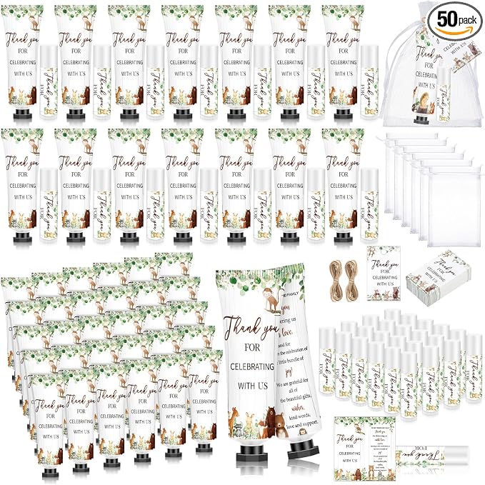 50 Sets Woodland Animal 200 Pcs Baby Shower Hand Lotion and Lip Balm Gift Theme Baby Shower Party Favors Travel Size Hand Lotion and Lip Balm Bulk with Organza Bags Tags