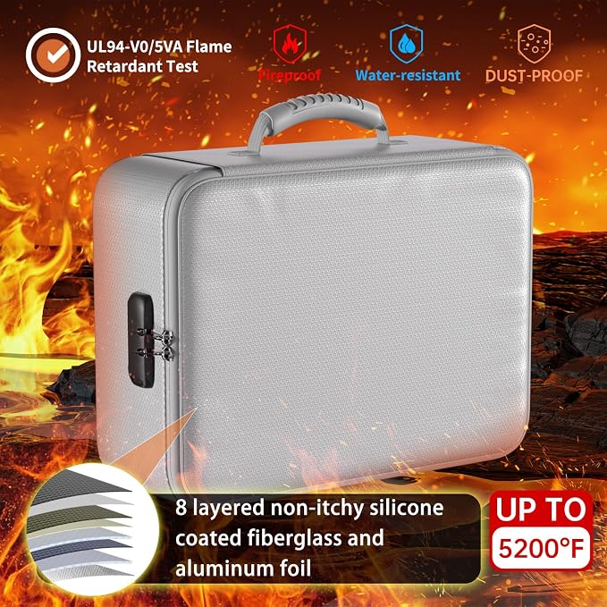 DocSafe 5200°F Fireproof Document Organizer Box with Lock, Silver (Soft) | Heat Insulated 8 Layers File Protection Bag,Water-Resistant Zipper,Portable Home Office Travel Safe Storage for Files,Laptop