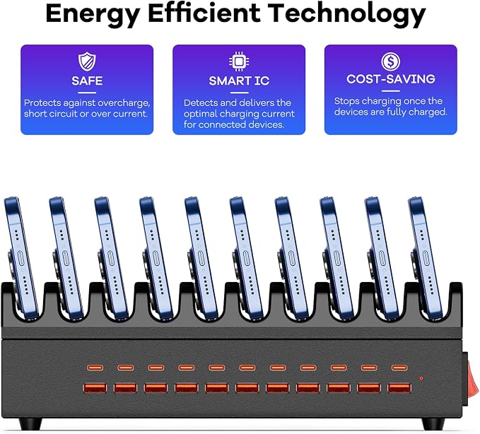 USB~C Charger Block, 300W 22 Port (11 USΒ A & 11 USΒ~C) USB Charging Station for Multiple Devices, Desktop Wall Fast Charger with Storage Dividers, USΒ Power Strip Suitable for Home Office School
