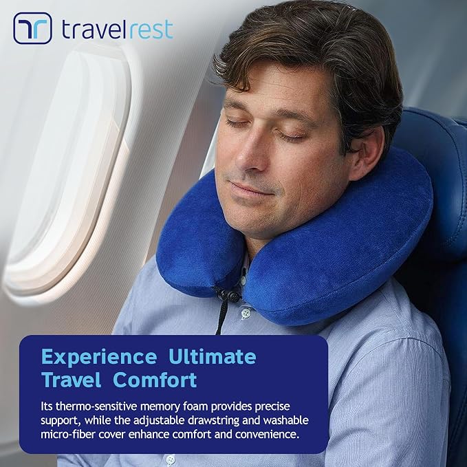 travelrest Neck Pillow Travel Essential - Memory Foam, Washable Micro-Fiber Cover Pillow, Soft and Comfortable Head Support for Long Flights, Compact, Attaches to Luggage, Airplanes, Cars, Bus - Blue