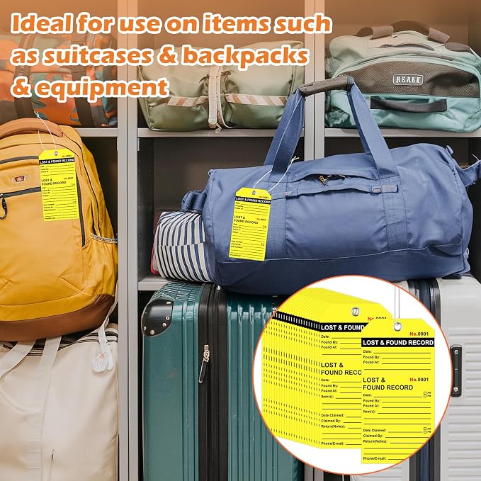 500Pcs Lost and Found Tags with Elastic String Attached &Marker Fluorescent Yellow Paper Lost & Found Record Tags 5 1/4" x 2 5/8" Black Printing Property Tag for Hotel Restaurants Luggage Storage