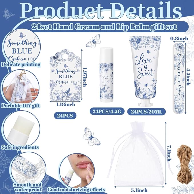 Leelosp 24 Sets Something Blue Before I Do Bridal Shower Hand Cream Lip Balm Nail File Gift Bulk Blue Floral Wedding Favors Travel Size Thank You Gifts Set Bridal Shower Favors for Guests