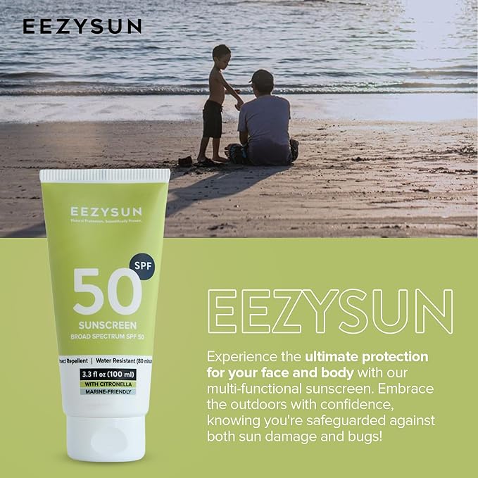 EEZYSUN Sunscreen SPF50 with Insect Repellent - Water-Resistant Sunscreen Bug Repellent Combo with Citronella Oil, Lemongrass, Neem Oil - Vacation, Beach Essentials, Face & Body Sun Care - 3.3 fl oz