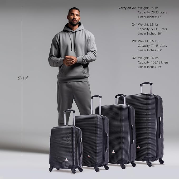InUSA ROYAL Hardside Luggage Set with Spinner Wheel | Spacious Travel Suitcases with Ergonomic GEL Handle and Studs | (20/24/28/32) 4 Piece Luggage Set | Black