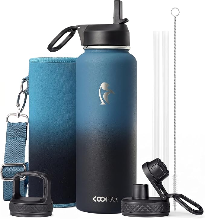 Water Bottle 40 oz Insulated with Straw, Coolflask Stainless Steel Metal 3 Lids Water Flask for Sports or Office, Keep Cold 48H Hot 24H, Samurai Cyan