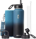 Water Bottle 40 oz Insulated with Straw, Coolflask Stainless Steel Metal 3 Lids Water Flask for Sports or Office, Keep Cold 48H Hot 24H, Samurai Cyan