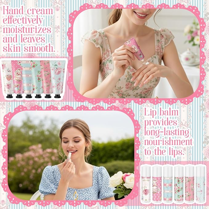 48 Sets Tea Party Favors Mini Hand Cream Lip Balm Bulk Gift Set for Women Wedding Party Favors for Guests Travel Size Hand Lotion Vintage Floral Moisturizing Lip Balm Gifts for Baby Shower