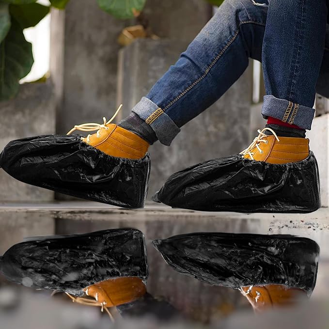 EZGOODZ Black Indoor Shoe Covers Disposable Non Slip, 16 x 6 Inch. 100 Pack Shoe Booties Disposable. 2 Mil CPE Disposable Booties for Shoes Covers. Waterproof Surgical Boot Covers for Outdoor