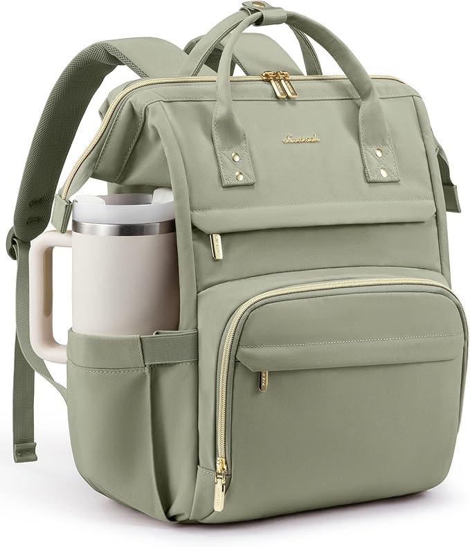 LOVEVOOK Laptop Backpack for Women with Giant Tumbler Holder Pocket,18 inch Waterproof Travel Backpack Purse Computer Laptop Bag,Professional Work College Nurse Teacher Backpack Travel Bag,Bean Green