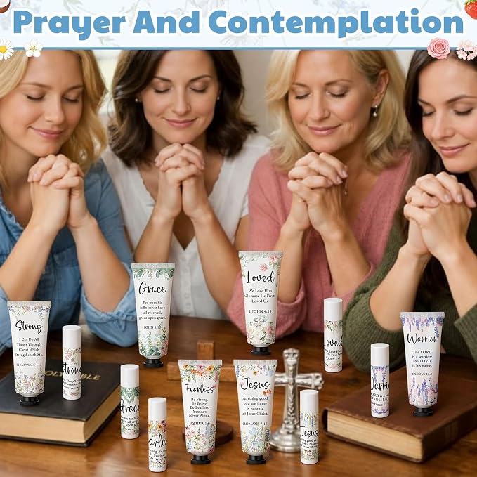 Loopeer 6 Sets Bulk Christian Hand Cream and Lip Balm Set for Women Religious Travel Size Moisturizing Lip Care Mini Religious Gifts for Women Coworker Appreciation Gift