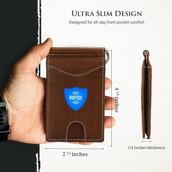 ROGUE WALLET Genuine Leather Minimalist Wallets - RFID Blocking with Money Clip - Interior & Exterior Card Pockets & More - Gift for Men (Brown)